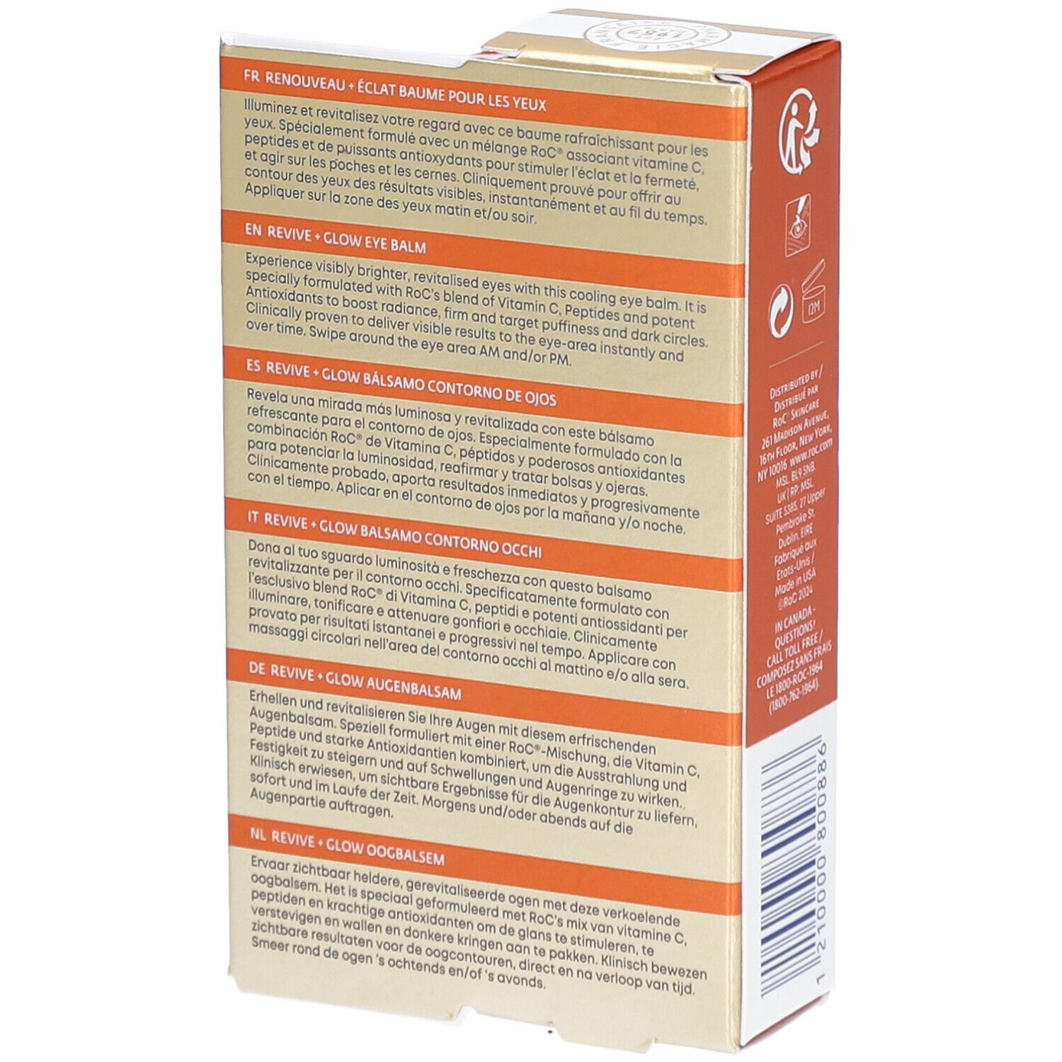Rückseite der Verpackung des ROC® Multi Correxion Revive + Glow Augenpflege-Sticks. Mehrsprachiger Text.