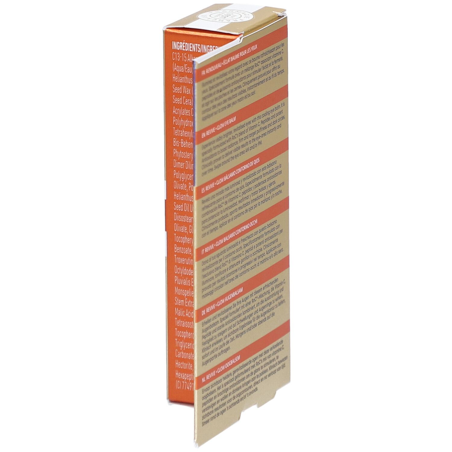 Rückseite der Verpackung des ROC® Multi Correxion Revive + Glow Augenpflege-Sticks. Inhaltsstoffe.