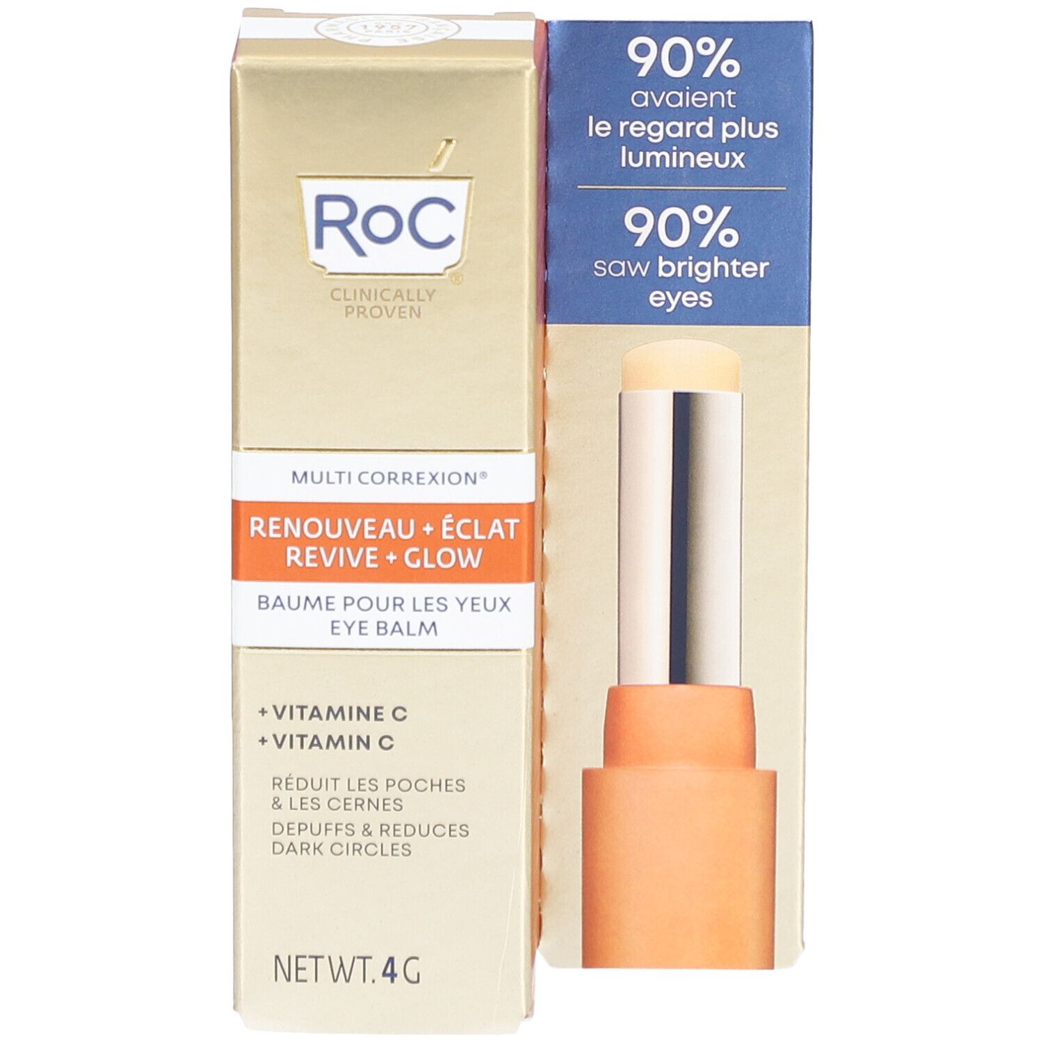 Verpackung und Produkt ROC® Multi Correxion Revive + Glow Augenpflege-Stick. Enthält Vitamin C.