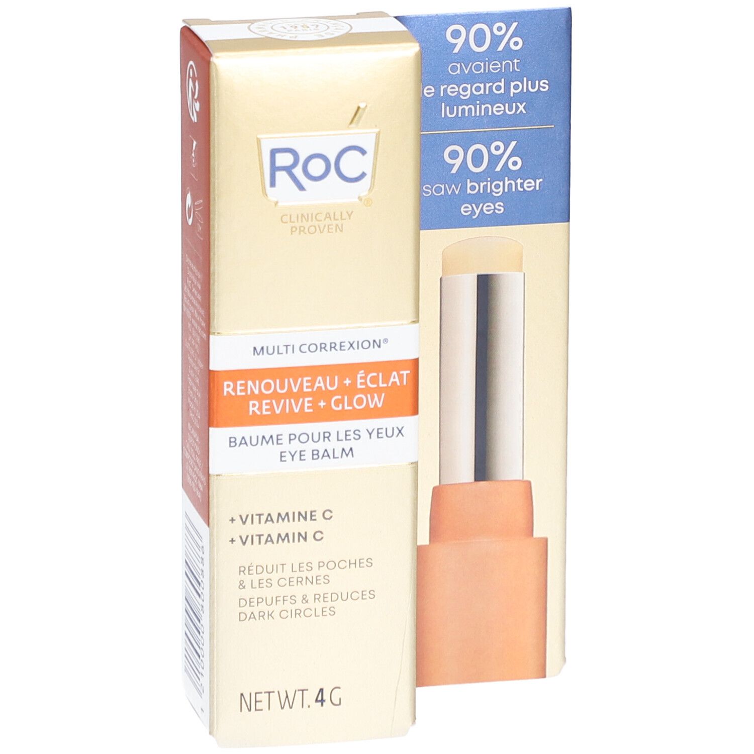 Verpackung und Produkt ROC® Multi Correxion Revive + Glow Augenpflege-Stick. Zeigt 90% hellere Augen.