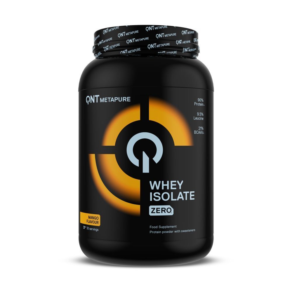 Boîte noire QNT Metapure Whey Isolate Zero Mango. Inscriptions : Whey Isolate Zero, Mango Flavour, 90% protéines, 21% BCAA.