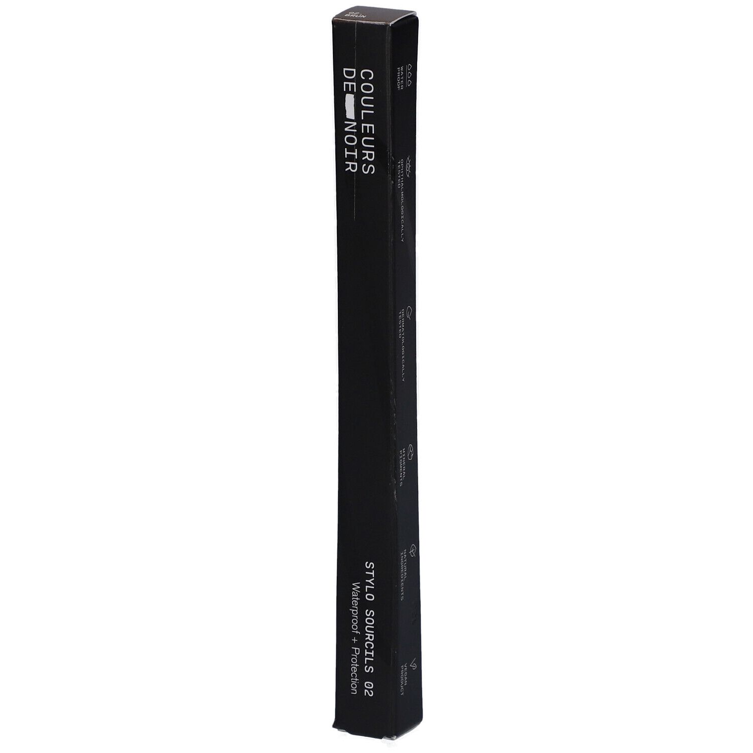 Schwarze Verpackung für einen Augenbrauenstift mit Aufschrift 'COULEURS DE NOIR' und 'STYLO SOURCILS 02 Waterproof + Protection'.
