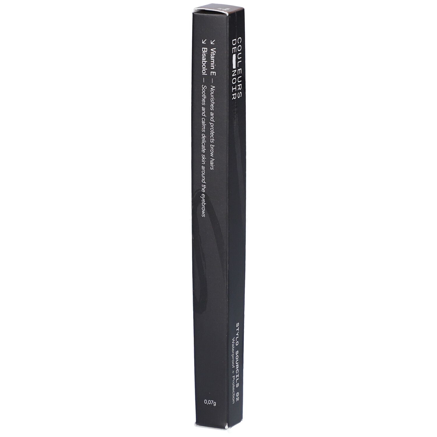 Schwarze Verpackung für einen Augenbrauenstift mit Vitamin E und Bisabolol. Enthält 0,07g.