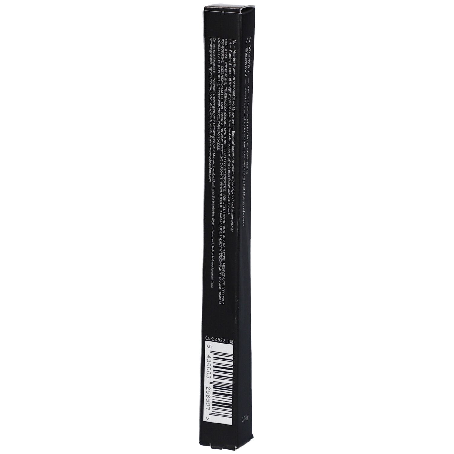 Schwarze Verpackung mit Text und Barcode.
