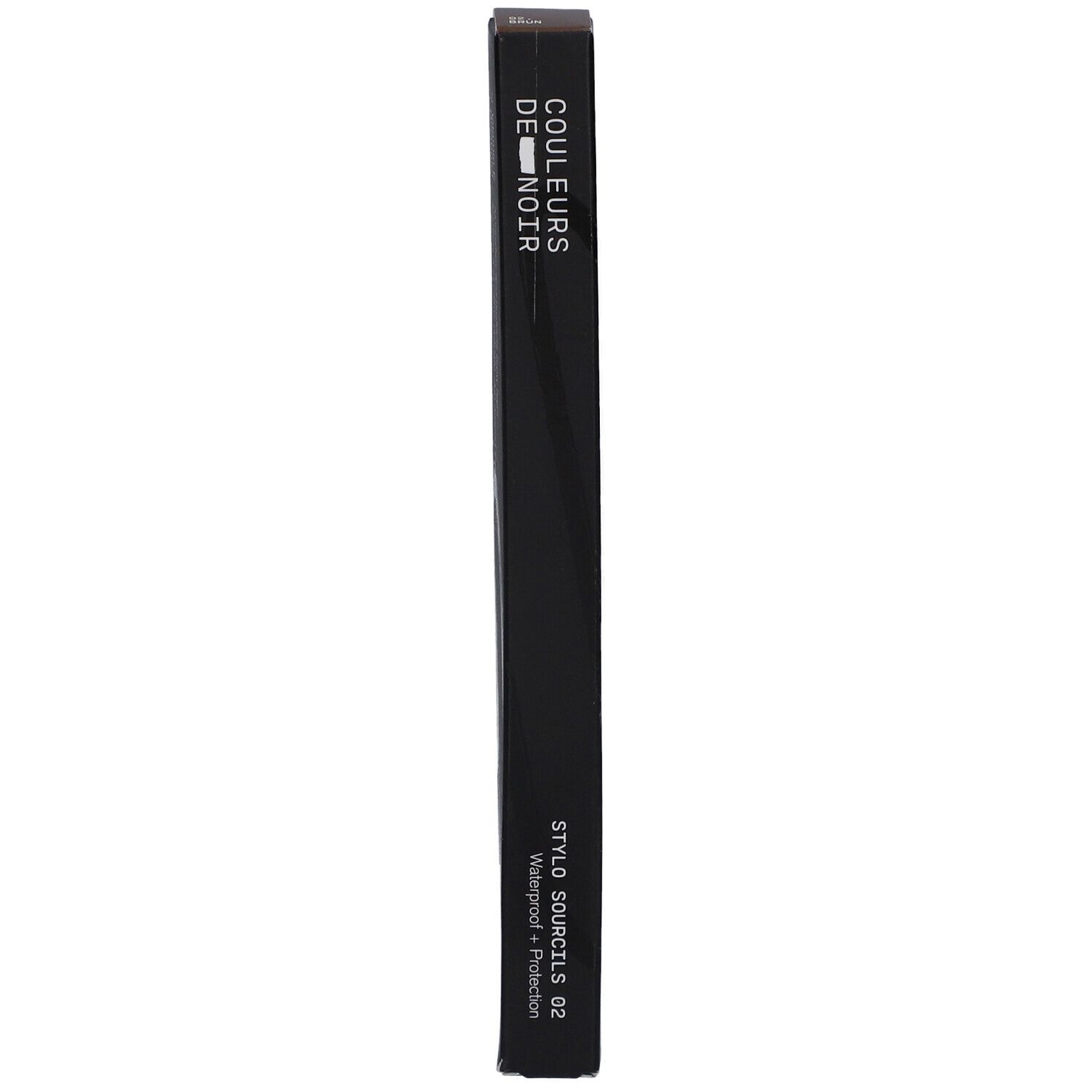 Schwarzer schmaler Karton für Augenbrauenstift mit Aufschrift "COULEURS DE NOIR" und "STYLO SOURCILS 02 Waterproof + Protection".