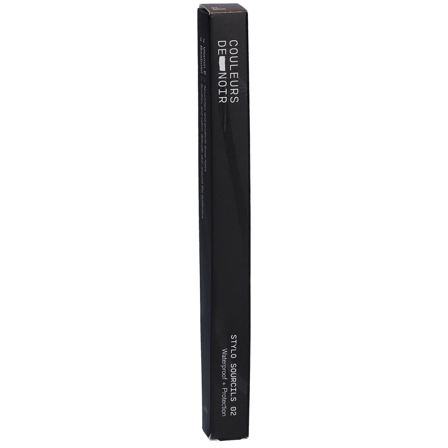 Schwarze Verpackung für einen Augenbrauenstift mit der Aufschrift 'COULEURS DE NOIR' und 'STYLO SOURCILS 02 Waterproof + Protection'.