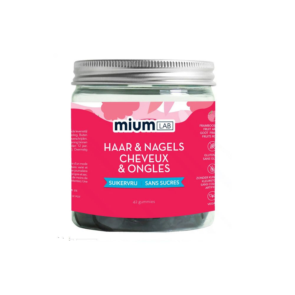 Glas mit MIUM LAB Haar & Nägel Gummies. Roter Behälter mit silbernem Deckel. 42 Gummies, zuckerfrei.