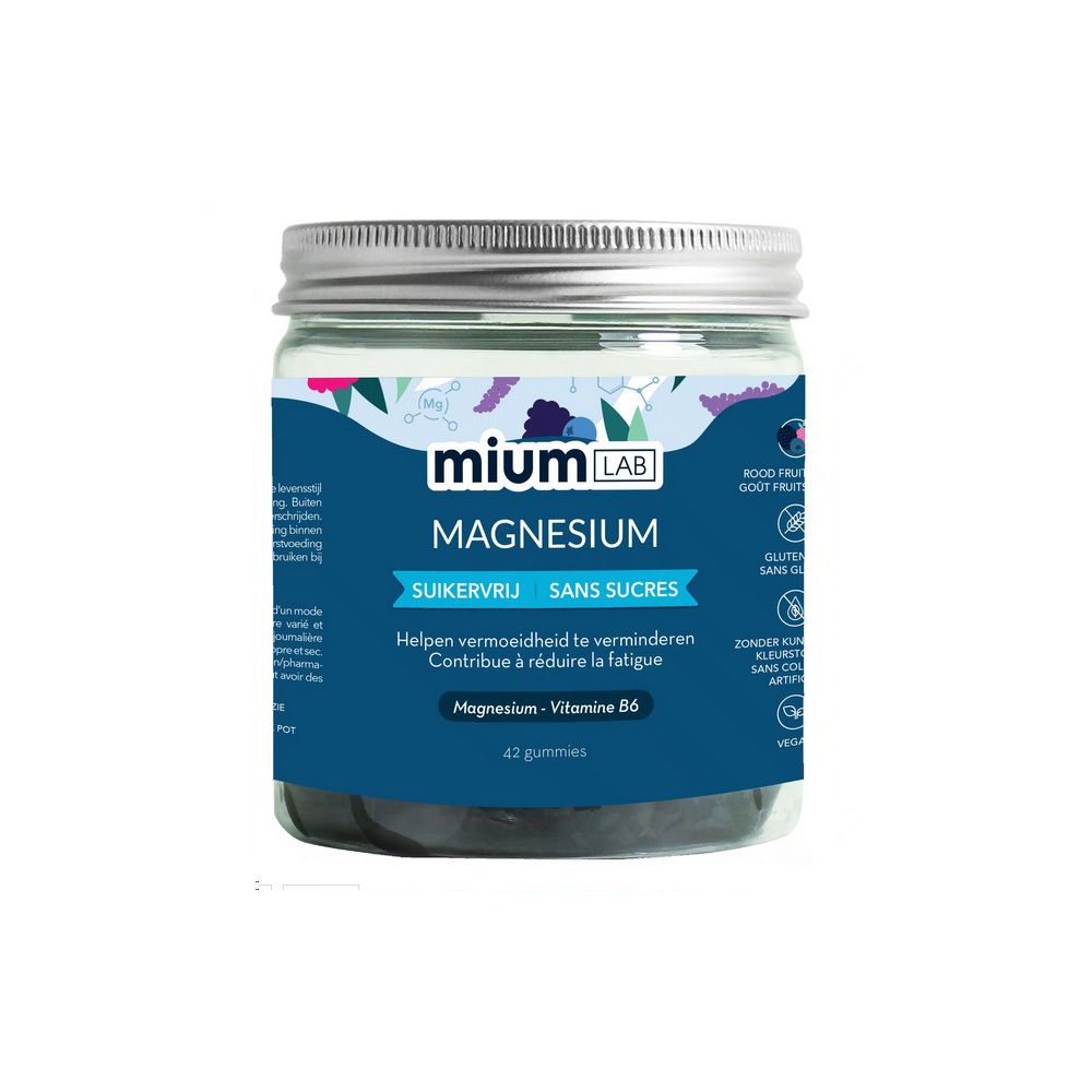 Glas mit MIUM LAB Magnesium Gummies. Blaue Verpackung mit weißer Schrift. Enthält 42 Gummies. Deckel aus Metall.
