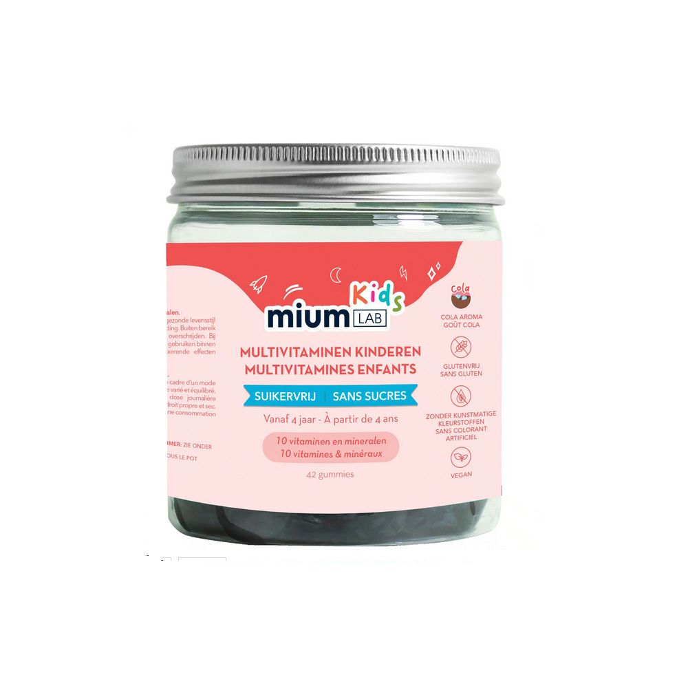 Pot de gummies multivitamines MIUM LAB Kids. Inscription: Multivitaminen Kinderen, Sans Sucres. Contient 41 gummies.