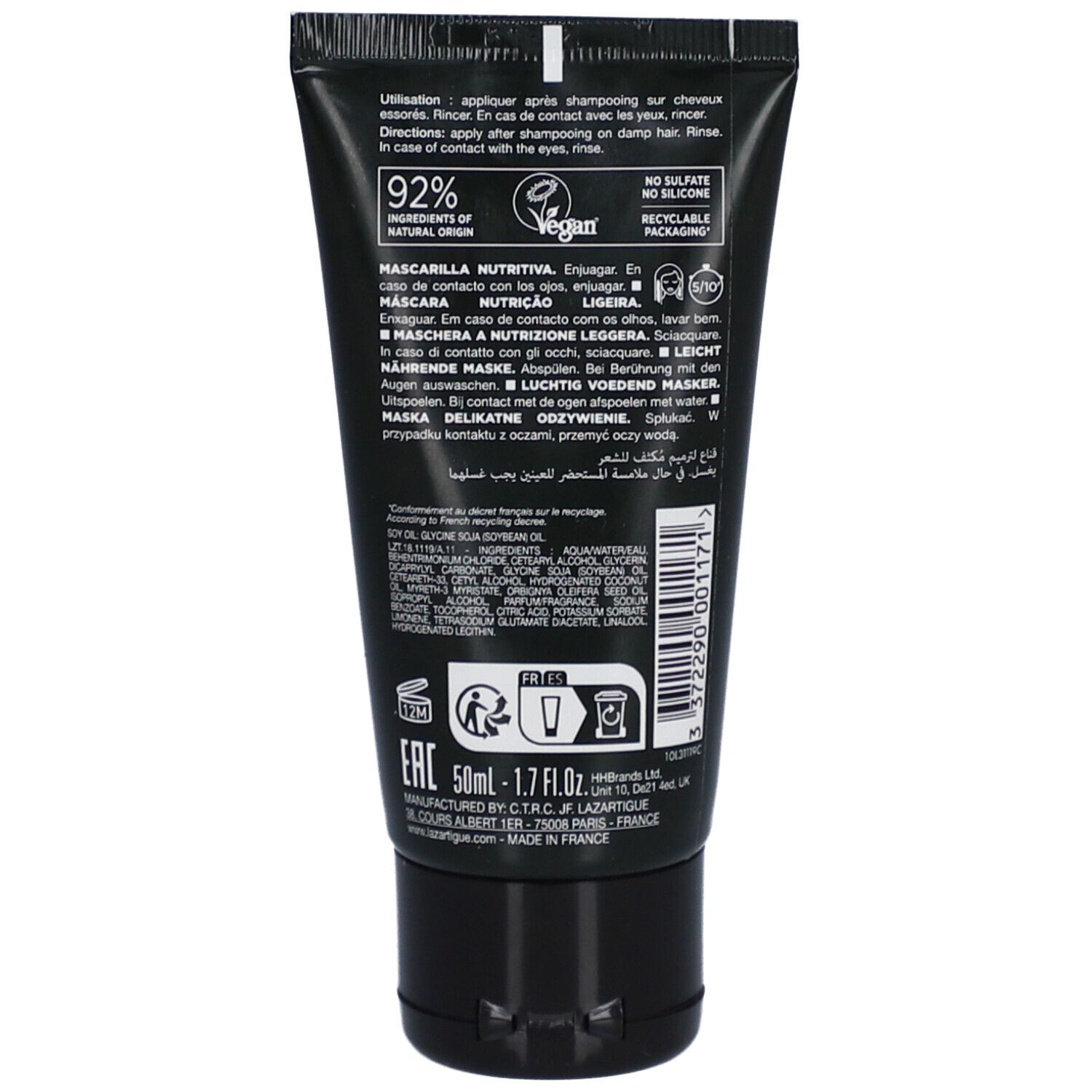 Rückseite der schwarzen Tube. Text: 92% Inhaltsstoffe natürlichen Ursprungs, Vegan, recycelbar. Enthält Anweisungen und Inhaltsstoffe.