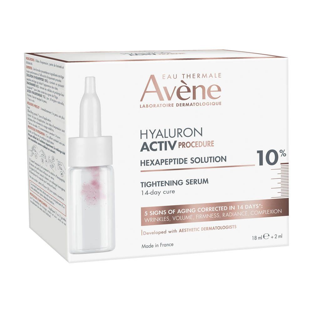 Emballage avec flacon de sérum. Inscription: Eau Thermale Avène, Hyaluron Activ Procedure, 10%.
