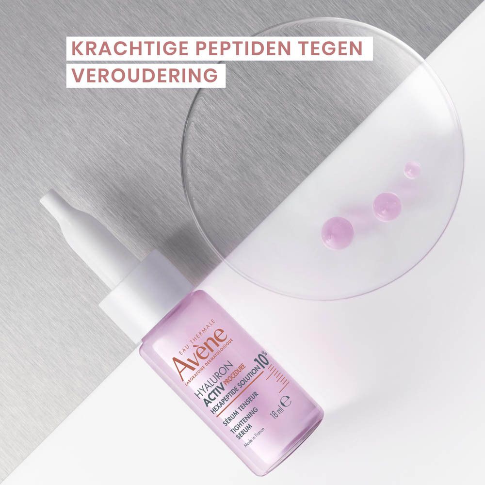 Flacon de sérum et gouttes. Texte: Krachtige peptiden tegen veroudering. Inscription: Eau Thermale Avène.