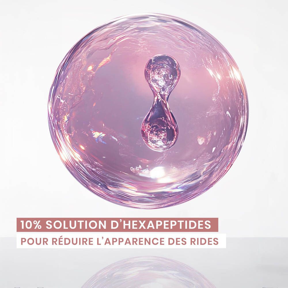 Illustration de molécules. Texte: 10% solution d'hexapeptides pour réduire l'apparence des rides.