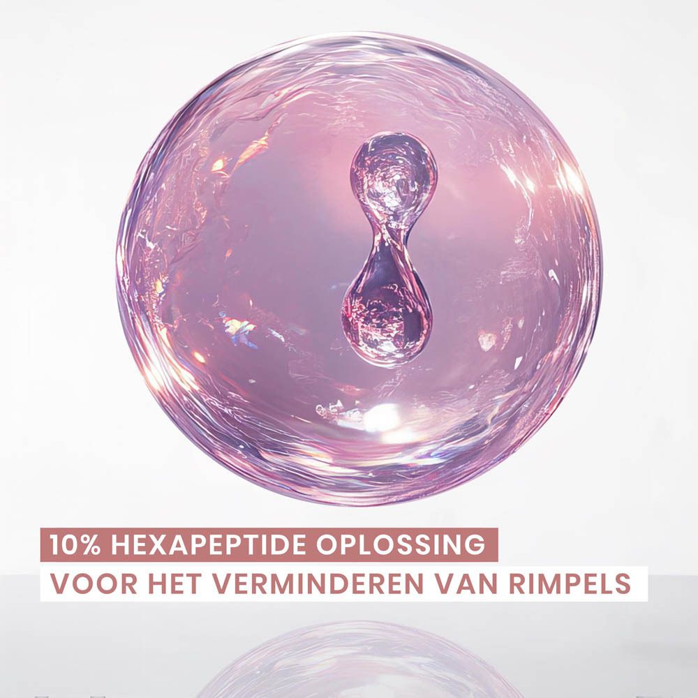Illustration de molécules. Texte: 10% hexapeptide oplossing voor het verminderen van rimpels.