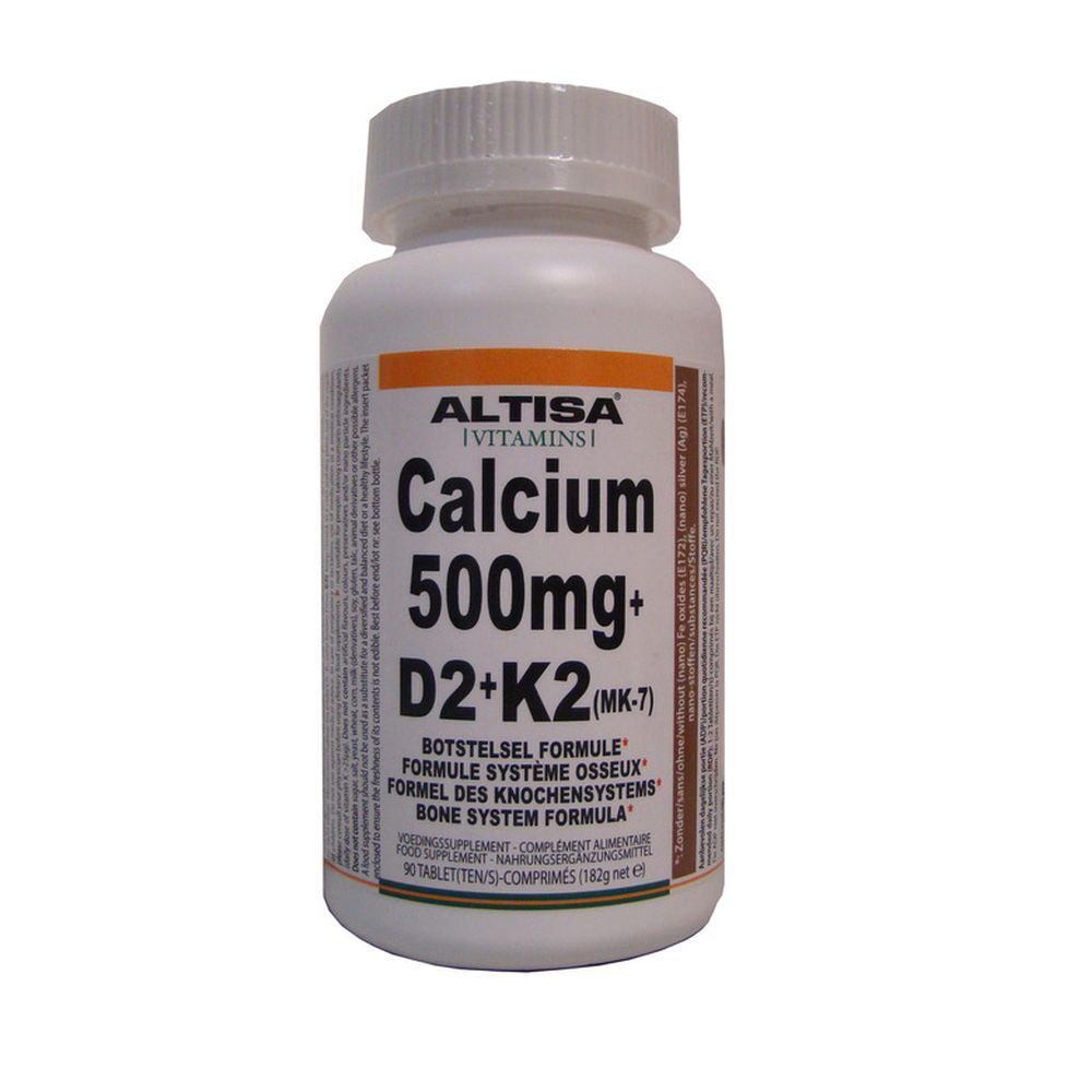 Flacon blanc Altisa Calcium 500mg+D2+K2. Étiquette marron, bouchon blanc. 90 comprimés.