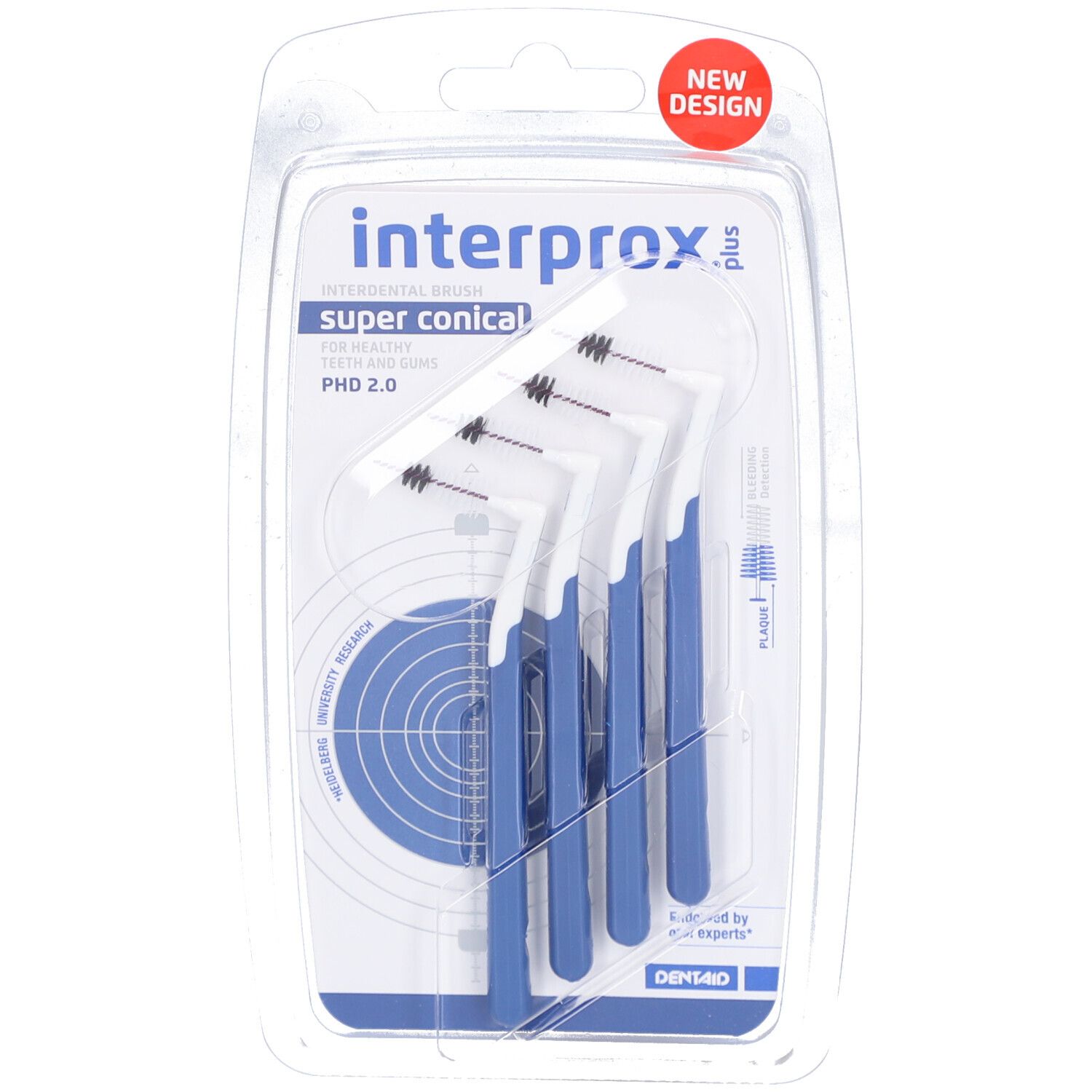 Verpackung mit Interprox Plus Interdentalbürsten. Blaue Griffe, weiße Borsten. 'Super Conical' und 'PHD 2.0' auf der Verpackung.