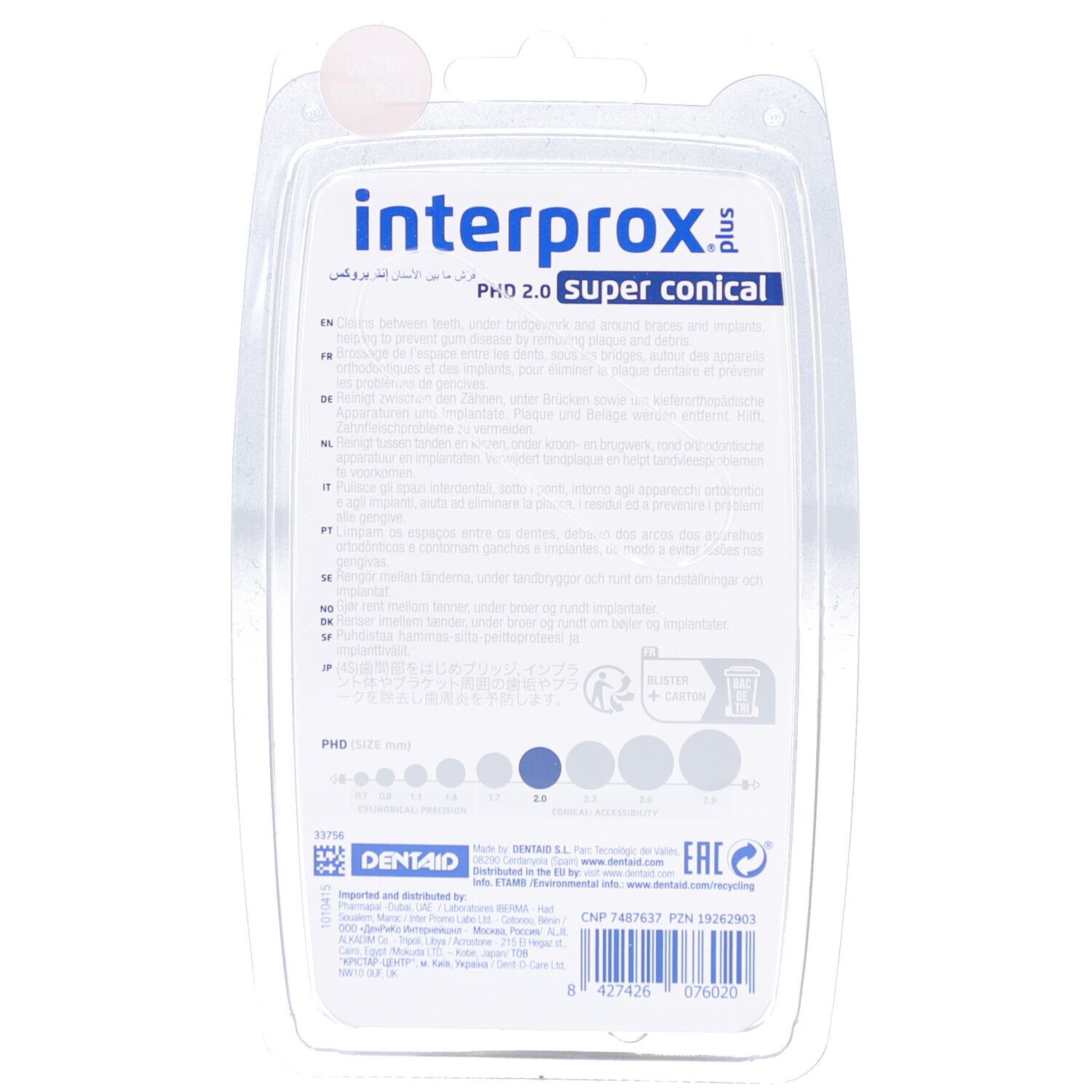 Rückseite der Verpackung mit Informationen zu den Interprox Plus Interdentalbürsten. Text in mehreren Sprachen, Größenangaben.