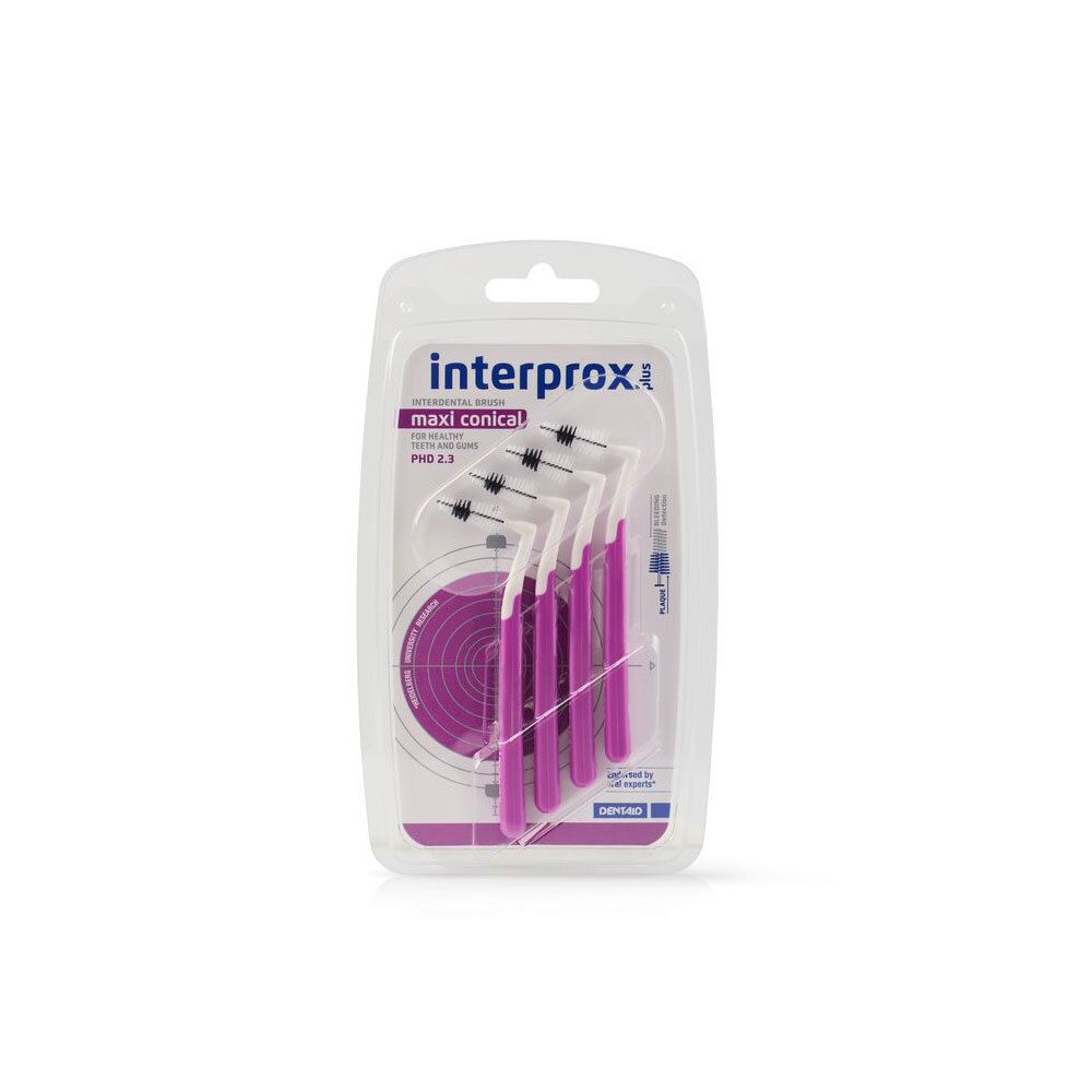 Verpakking met Interprox Maxi Conical ragers. Paarse handvatten, witte borstelharen. Transparante verpakking met productnaam.