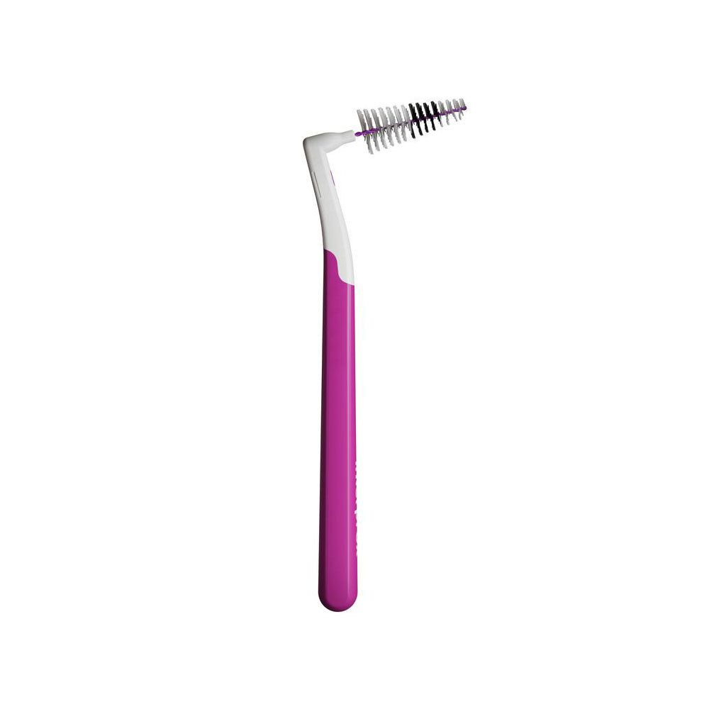 Brossette Interprox Maxi Conical seule. Manche violet, col blanc, brins. Tête coudée pour espaces interdentaires.