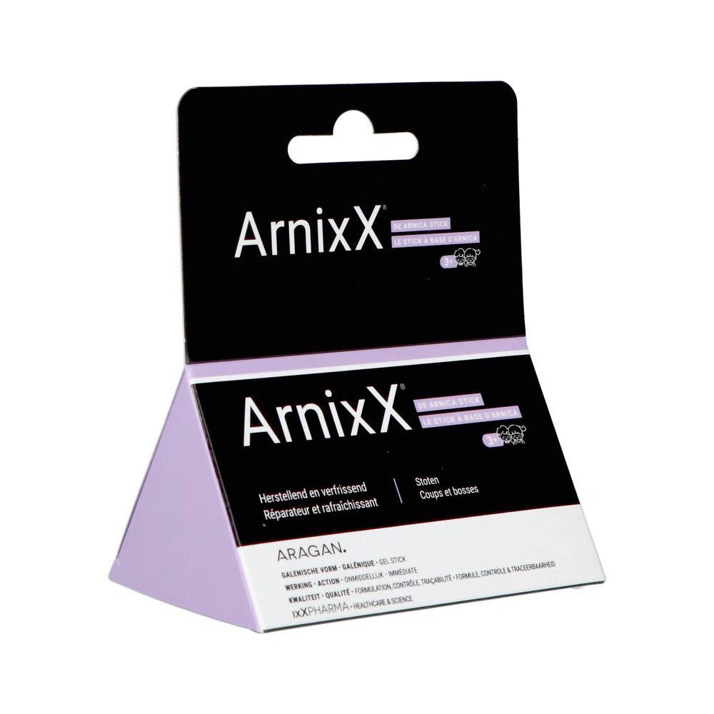 Verpakking voor arnica-stick ArnixX. Zwarte verpakking, productnaam en tekst.