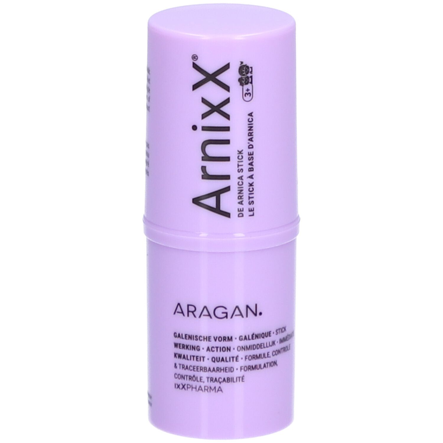 Arnica-stick ArnixX, lila doos met deksel. Tekst: ArnixX, de Arnica Stick, Aragan, 3+.