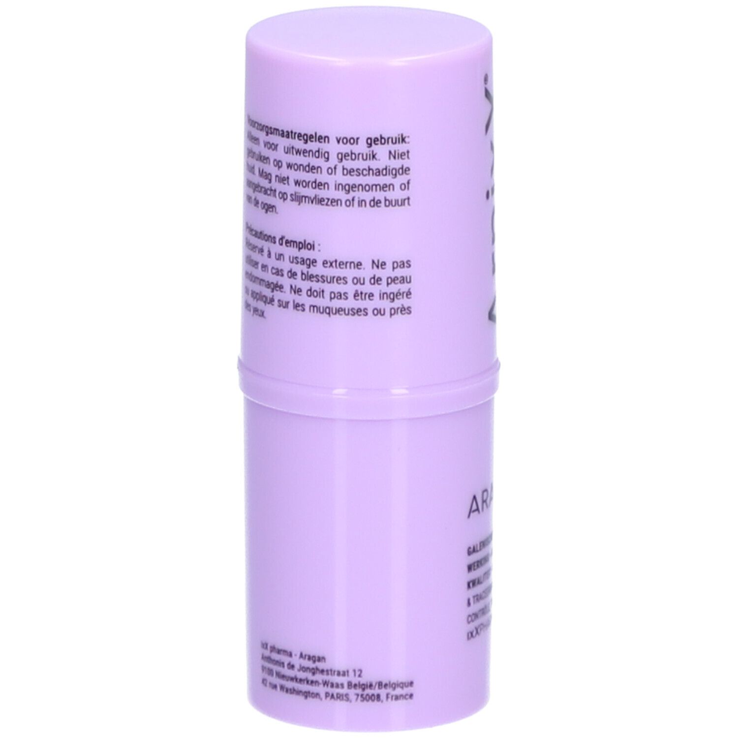 Arnica-stick ArnixX, lila doos met deksel. Achterkant met tekst in meerdere talen.
