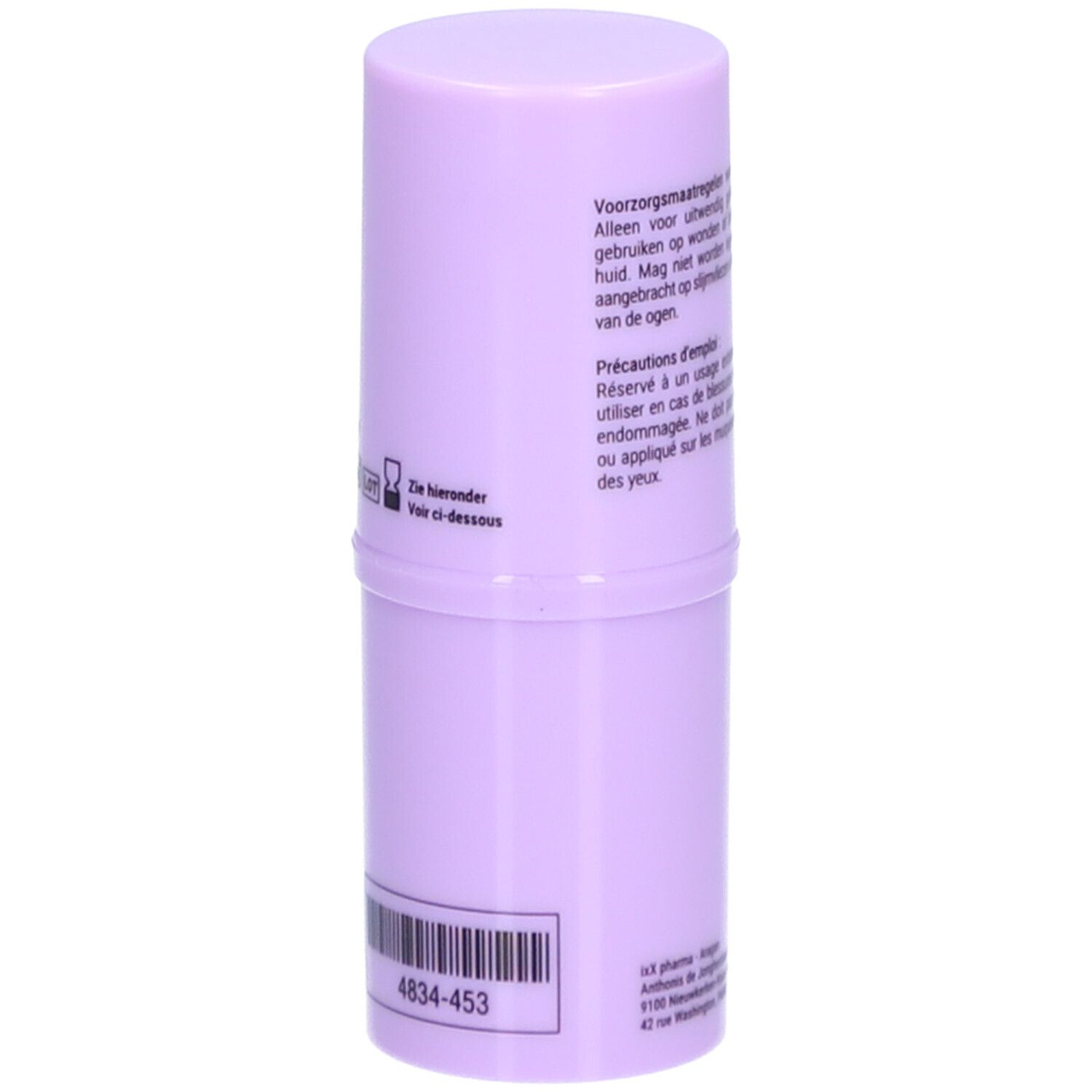 Arnica-stick ArnixX, lila doos met deksel. Achterkant met barcode en tekst.