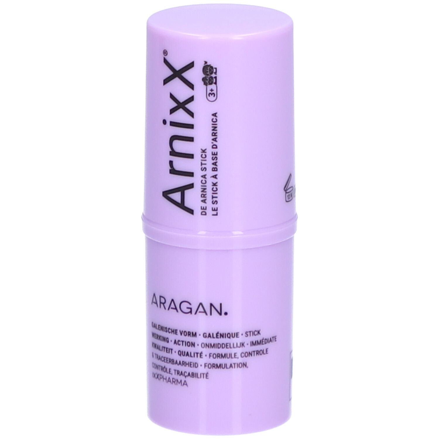 Arnica-stick ArnixX, lila doos met deksel. Tekst: ArnixX, de Arnica Stick, Aragan, 3+.