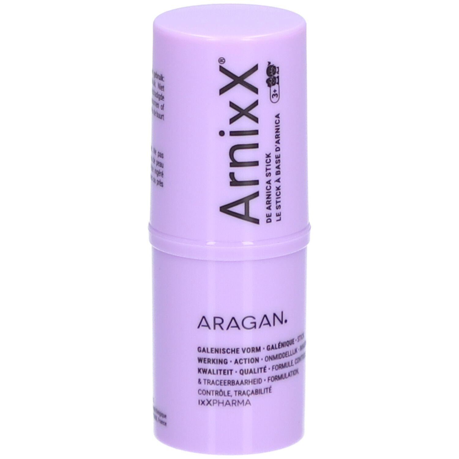 Arnica-stick ArnixX, lila doos met deksel. Tekst: ArnixX, de Arnica Stick, Aragan.