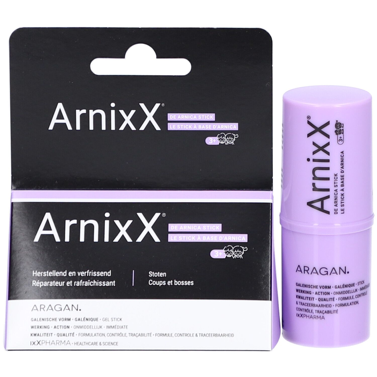 Arnica-stick ArnixX en verpakking. Zwarte verpakking met productnaam en tekst.