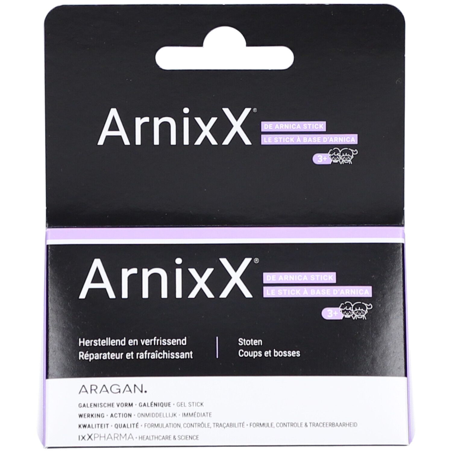 Verpakking voor arnica-stick ArnixX. Zwarte verpakking met productnaam en tekst.