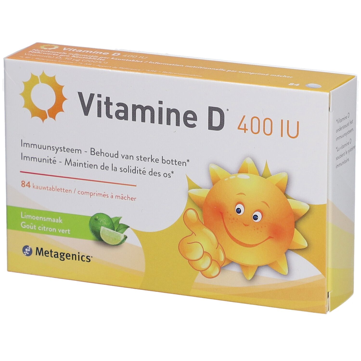 Verpackung von Vitamin D 400 IU. Enthält 84 Kautabletten. Mit Zitrone-Geschmack. Marke Metagenics.