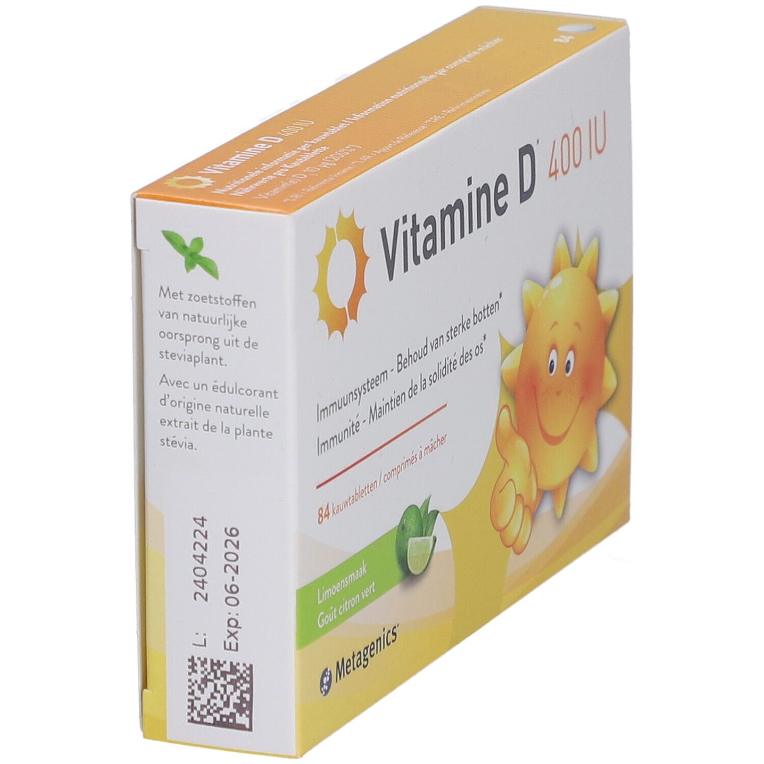 Verpackung von Vitamin D 400 IU. Enthält 84 Kautabletten. Mit Zitrone-Geschmack. Marke Metagenics.