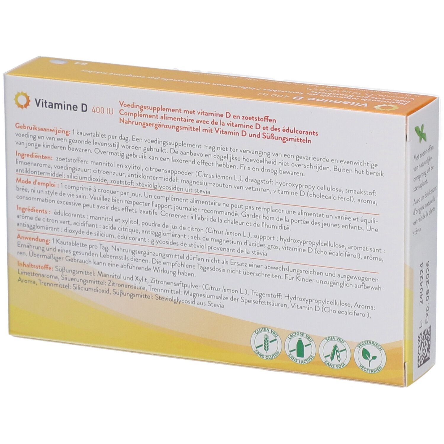 Rückseite der Verpackung von Vitamin D 400 IU. Enthält Informationen zu Inhaltsstoffen und Anwendung.
