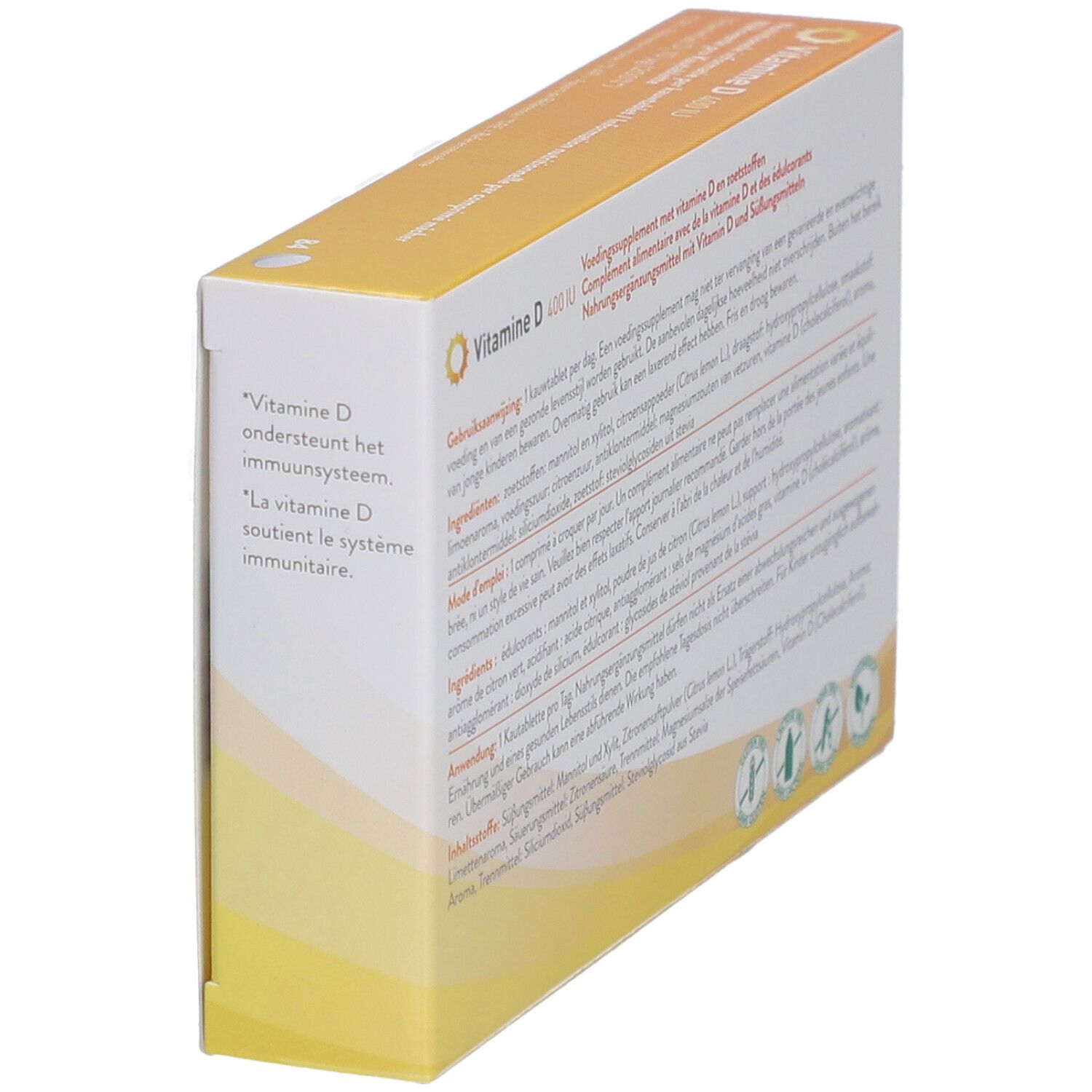 Seitenansicht der Verpackung von Vitamin D 400 IU. Enthält Informationen zur Anwendung.