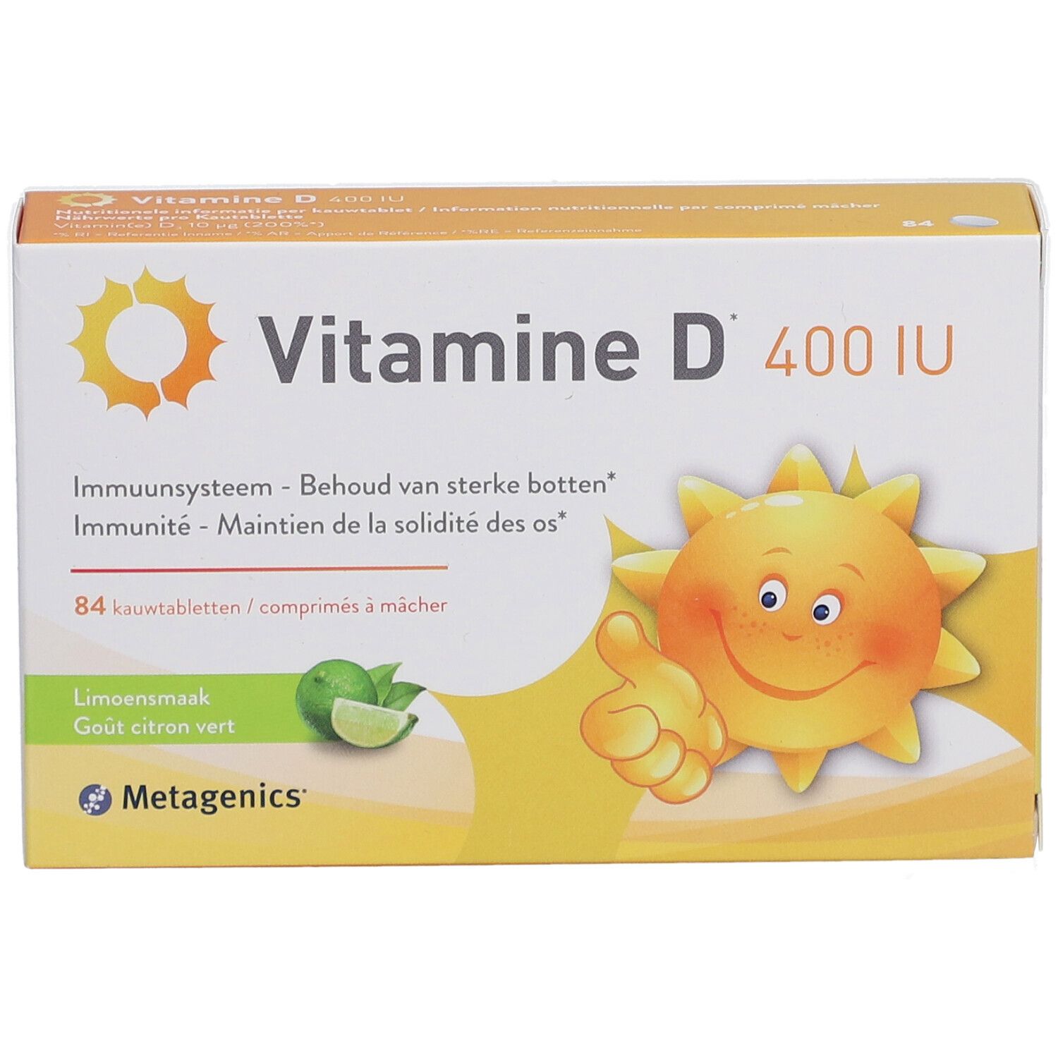 Verpackung von Vitamin D 400 IU. Enthält 84 Kautabletten. Mit Zitrone-Geschmack. Marke Metagenics.