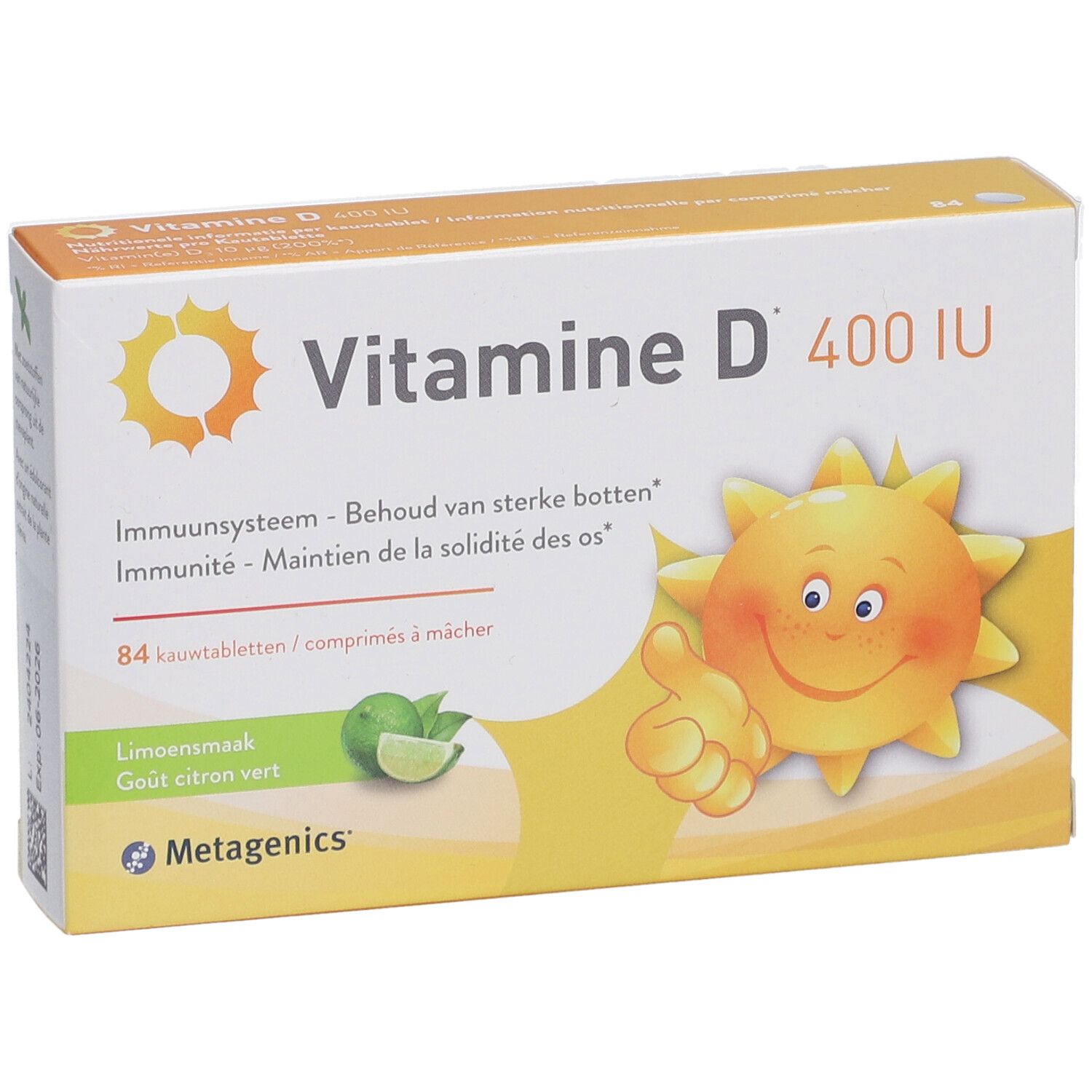 Verpackung von Vitamin D 400 IU. Enthält 84 Kautabletten. Mit Zitrone-Geschmack. Marke Metagenics.