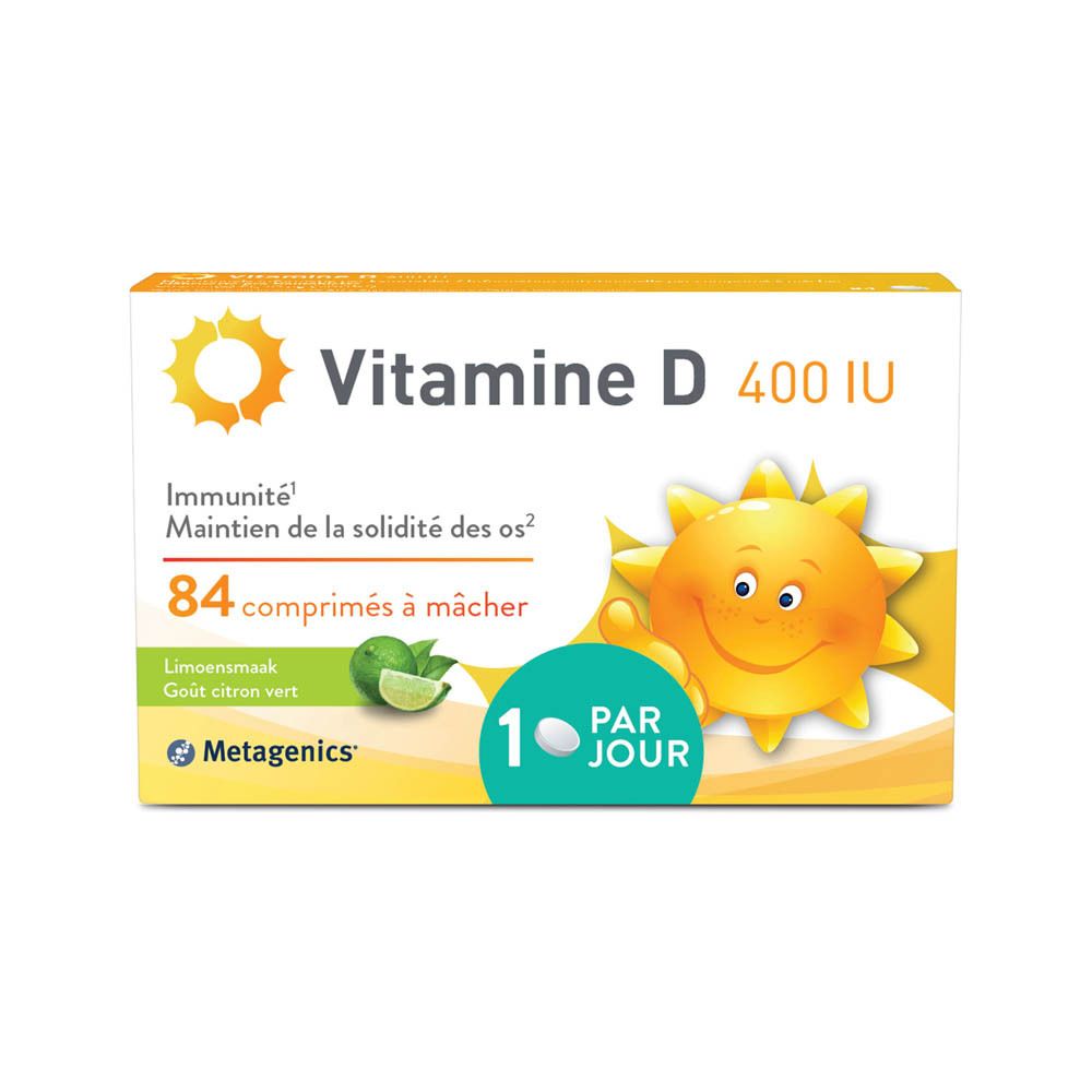METAGENICS® Vitamine D 400 UI. Boîte blanche avec nom du produit, soleil et texte. 168 comprimés à mâcher.