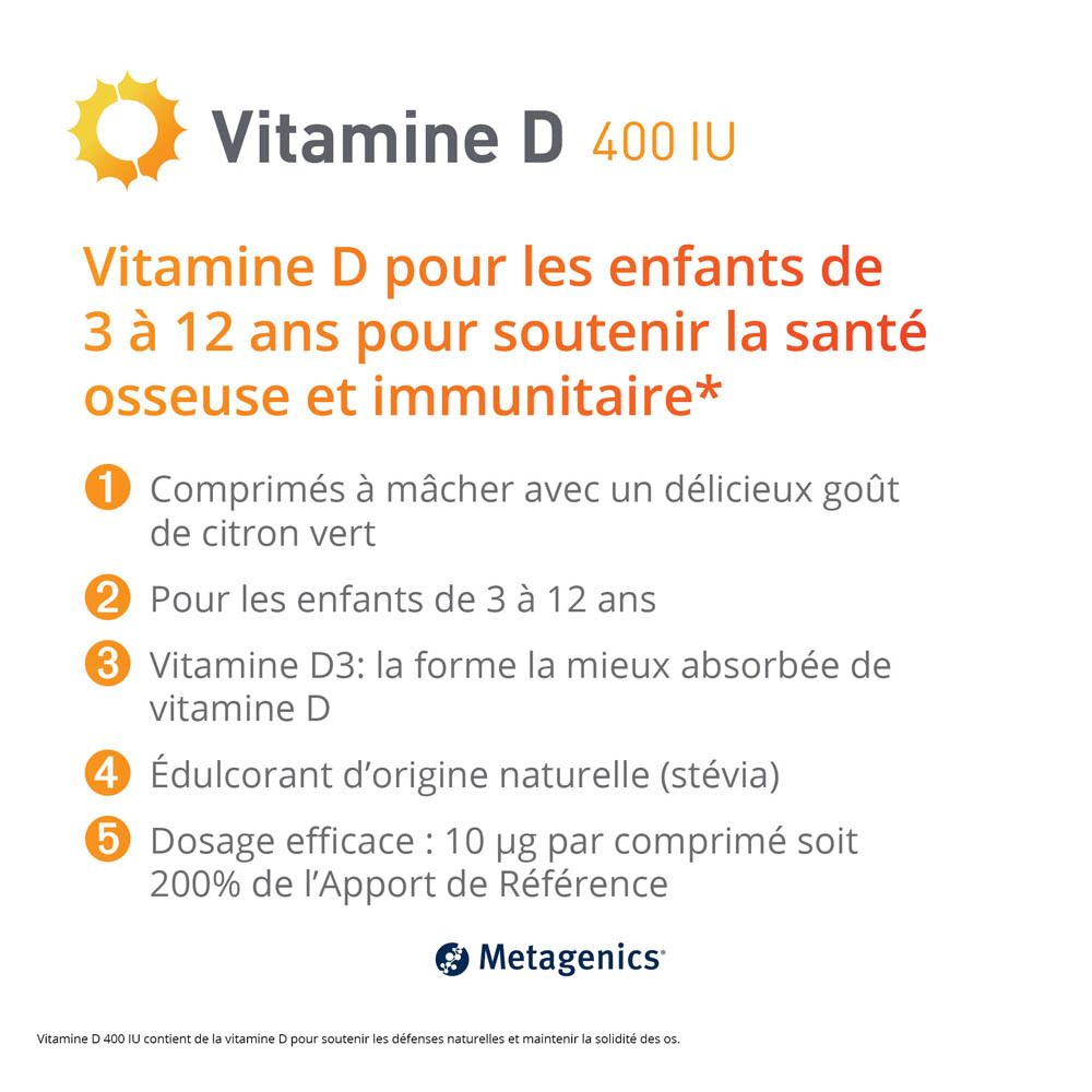 METAGENICS® Vitamine D 400 UI. Boîte blanche avec nom du produit, soleil et texte. 168 comprimés à mâcher.