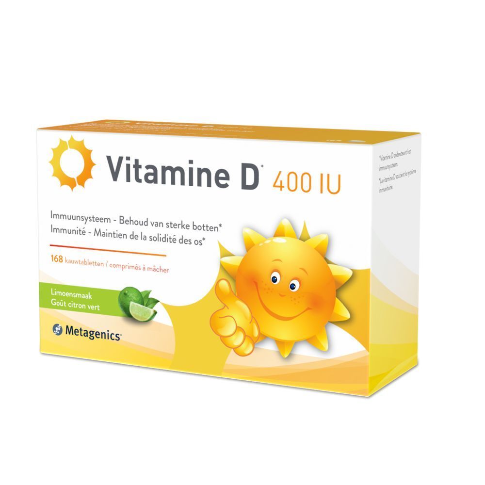 METAGENICS® Vitamin D 400 IU. Weiße Schachtel mit Produktnamen, Sonne-Illustration und Text. 168 Kautabletten.