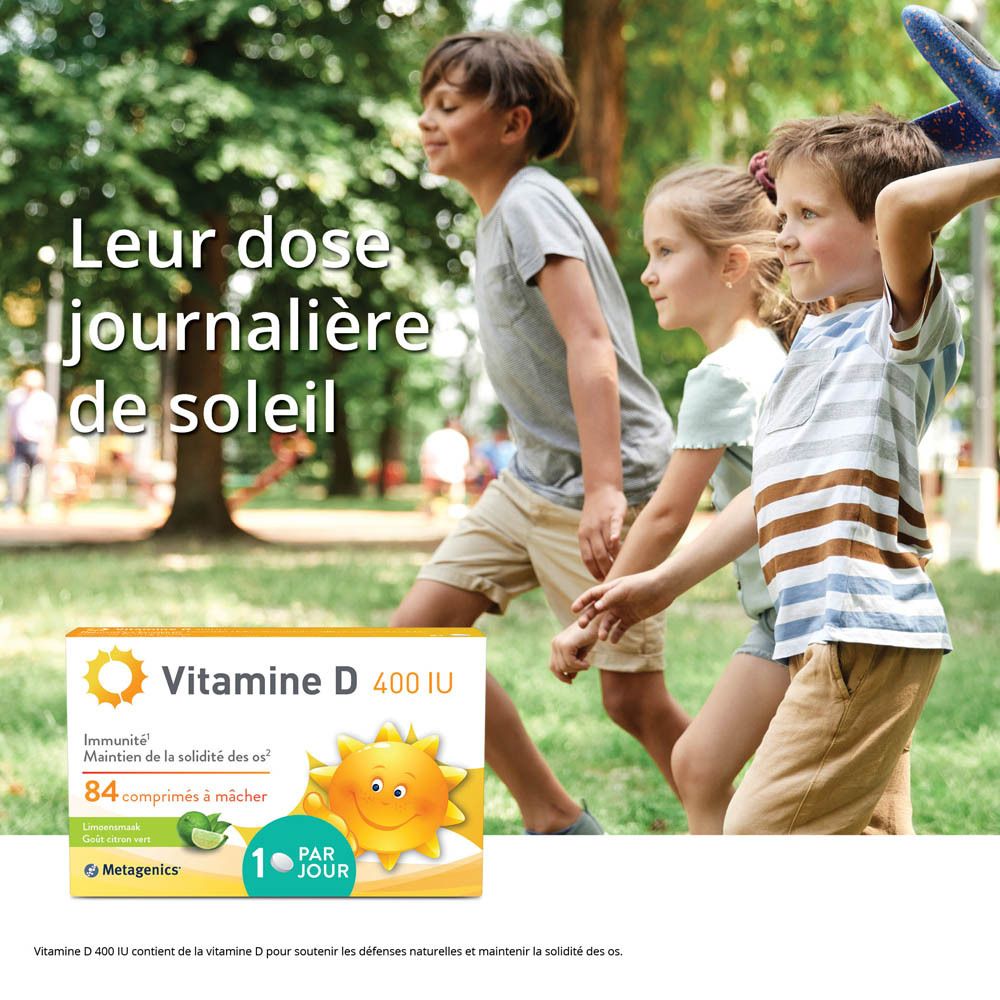 METAGENICS® Vitamine D 400 UI. Boîte blanche avec nom du produit, soleil et texte. 168 comprimés à mâcher.