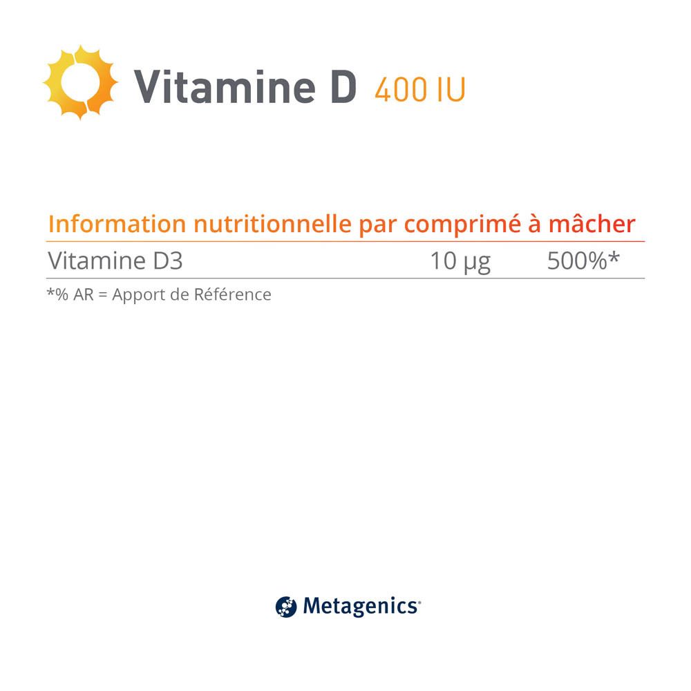 METAGENICS® Vitamine D 400 UI. Boîte blanche avec nom du produit, soleil et texte. 168 comprimés à mâcher.