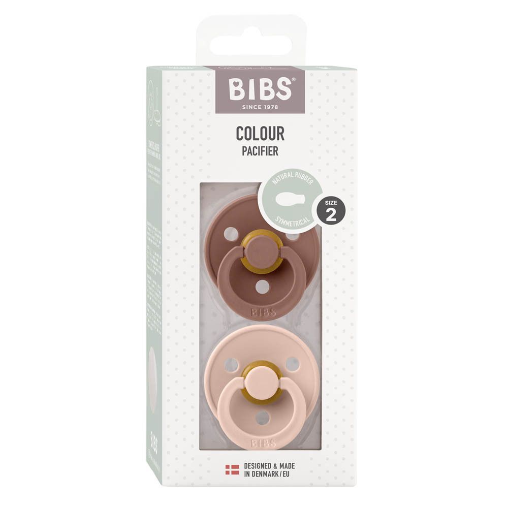 BIBS Schnuller in Verpackung. Farben: Rosa und Dunkelrosa. Größe 2. Symmetrischer Sauger.