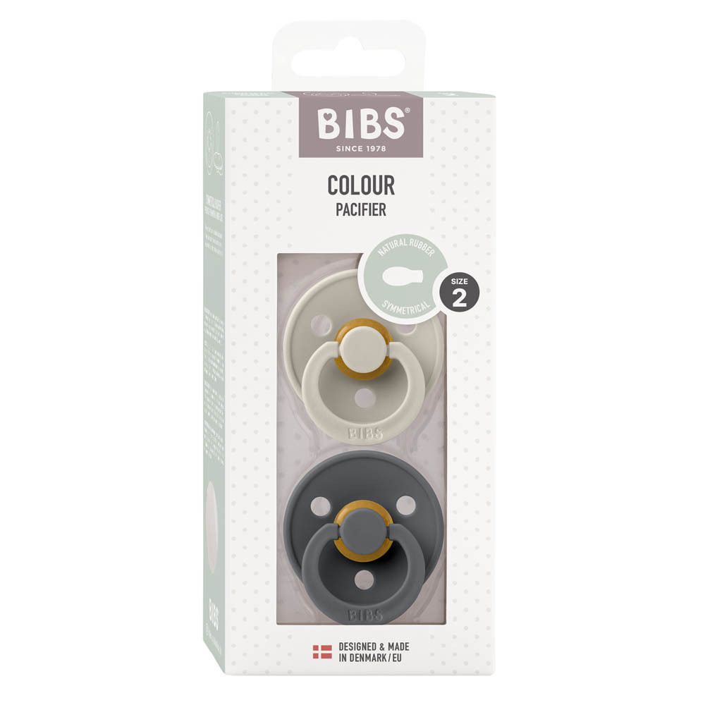 Tétines BIBS dans un emballage. Deux tétines, sable et gris, dans une boîte. Taille 2.