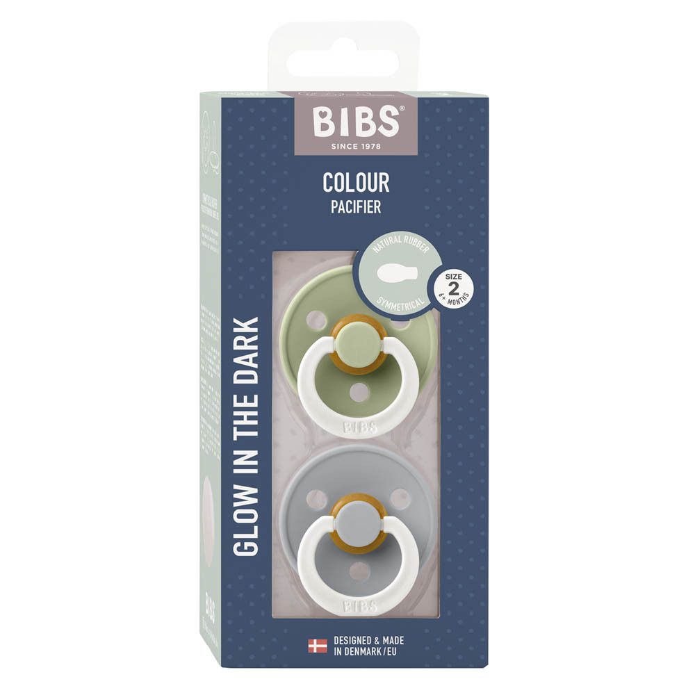 BIBS tétines symétriques, lot de 2. Vert et bleu. Taille 2. Brille dans le noir. Emballage avec fenêtre.