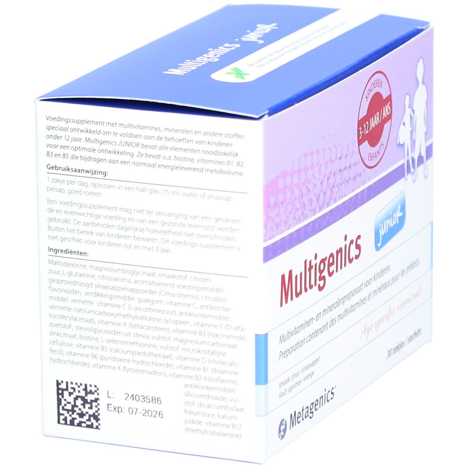 Vue en biais de l'emballage Multigenics Junior. Texte: 3-12 ans. Contient 30 sachets. Logo Metagenics.