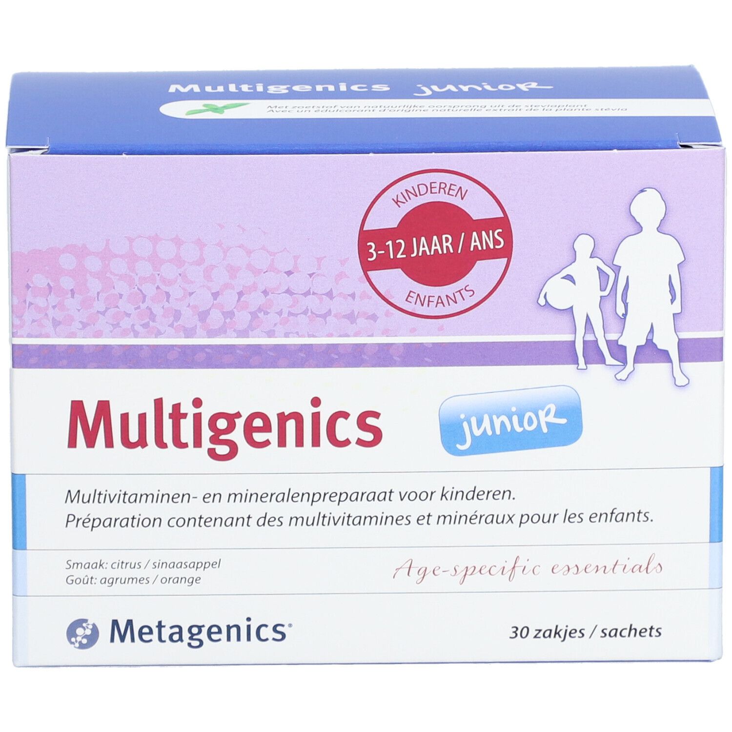 Boîte de Multigenics Junior. Inscription: Enfants 3-12 ans. Contient 30 sachets. Logo Metagenics.
