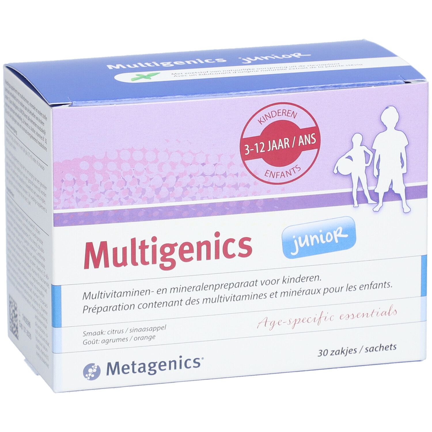 Boîte de Multigenics Junior. Inscription: Enfants 3-12 ans. Contient 30 sachets. Logo Metagenics.