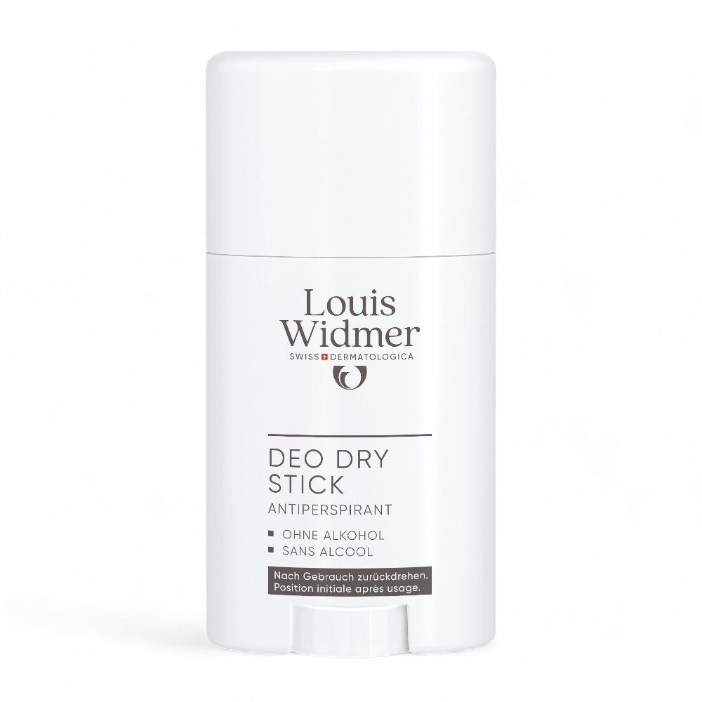 Witte Deo Dry Stick van Louis Widmer. Opschrift: DEO DRY STICK ANTIPERSPIRANT, OHNE ALKOHOL, SANS ALCOOL.
