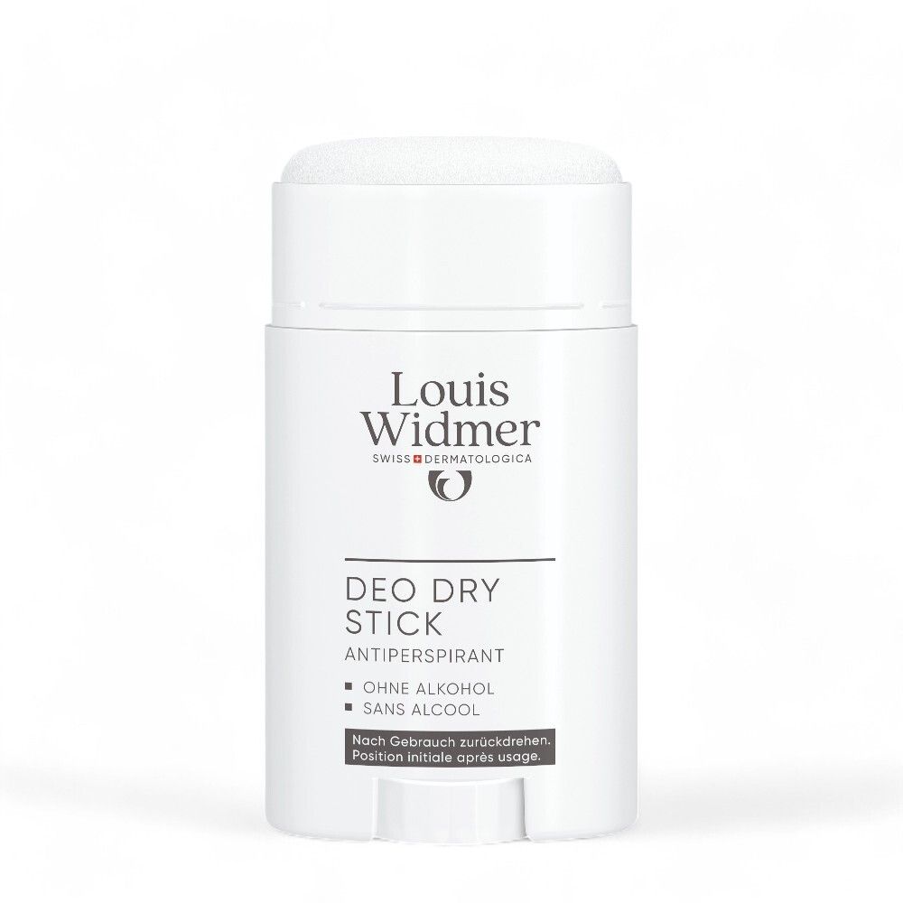 Witte Deo Dry Stick van Louis Widmer. Opschrift: DEO DRY STICK ANTIPERSPIRANT, OHNE ALKOHOL, SANS ALCOOL.